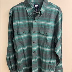 Lands' End Men's Teal and Gray Striped Shirt